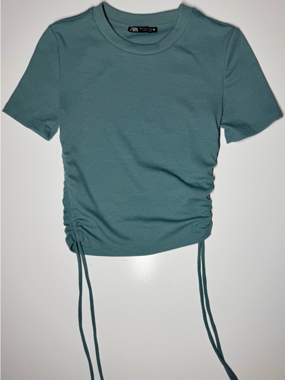 Zara Teal Blue Ribbed Ruched Side Drawstring Crop Top Women’s Small